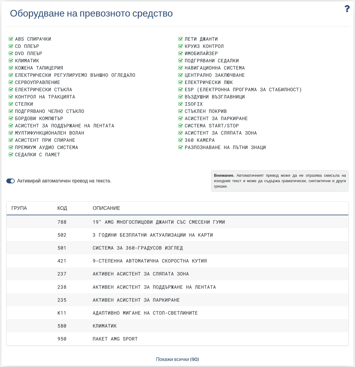 Секция "Оборудване на превозното средство" в отчета VIN-Info показва налична информация за конфигурацията и оборудването, свързани с VIN.