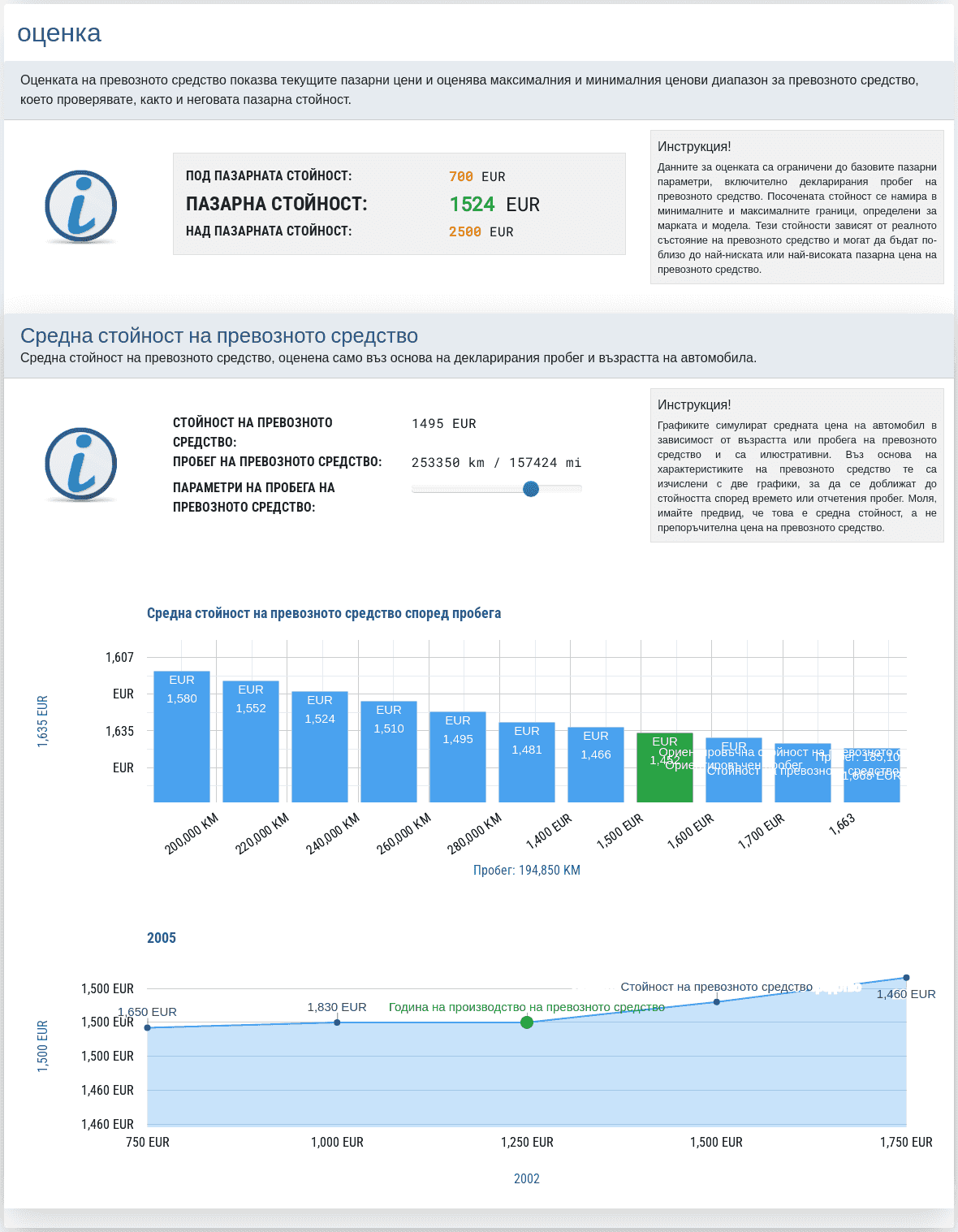 Секция "Оценка на превозното средство" в отчета VIN-Info показва оценената стойност на превозното средство като ориентир за оценка на цената и последваща проверка.