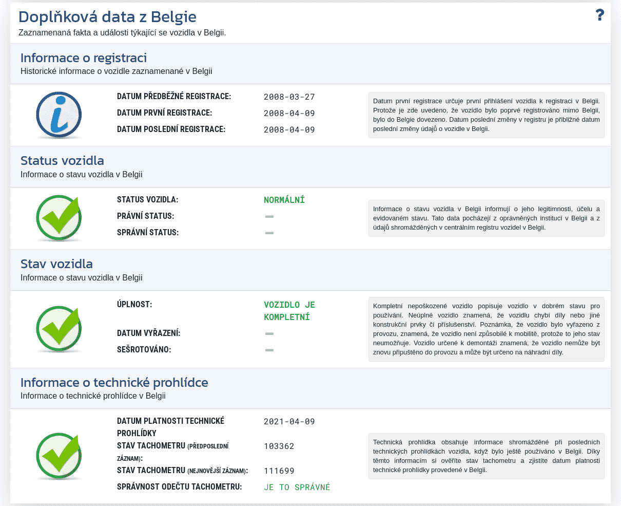 Sekce "Doplňková data z Belgie" v reportu VIN-Info zobrazuje dostupné registrační informace, status vozidla a údaje z technické kontroly v Belgii.