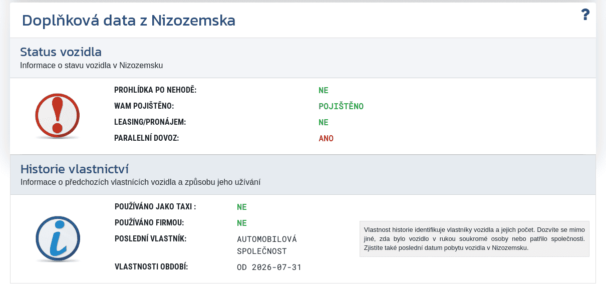 Sekce "Doplňková data z Nizozemska" v reportu VIN-Info zobrazuje dostupné informace o statusu, vlastnictví a způsobu užívání vozidla v Nizozemsku.