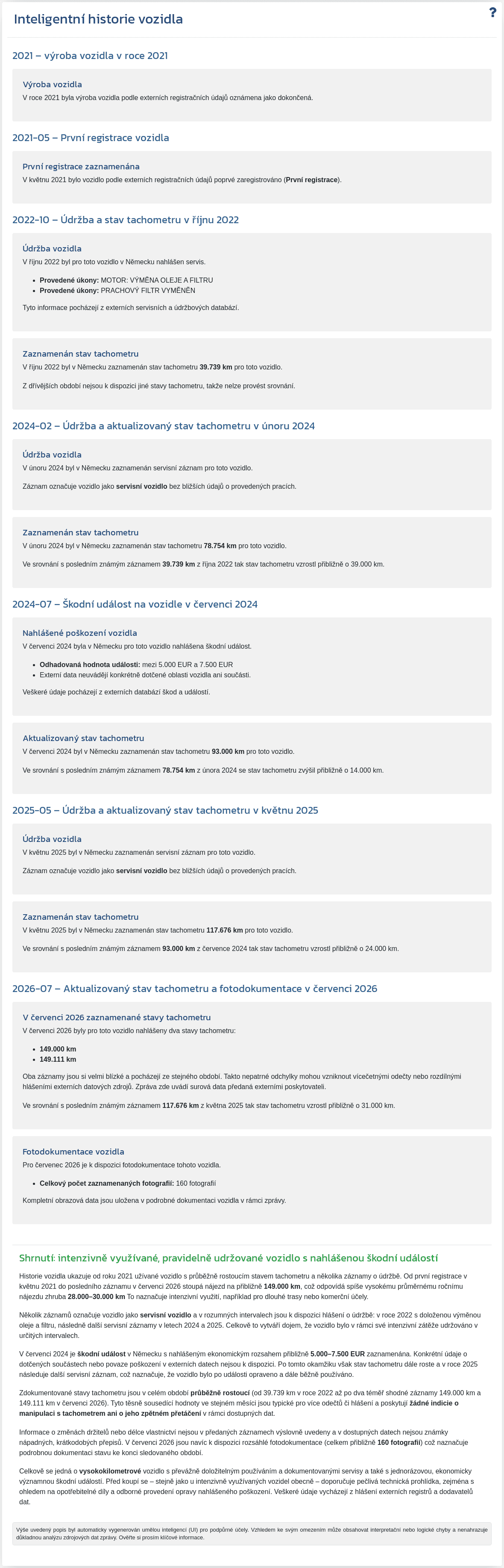 Sekce "Inteligentní historie vozidla" v reportu VIN-Info zobrazuje souhrn vygenerovaný umělou inteligencí na základě dostupných dat o vozidle.