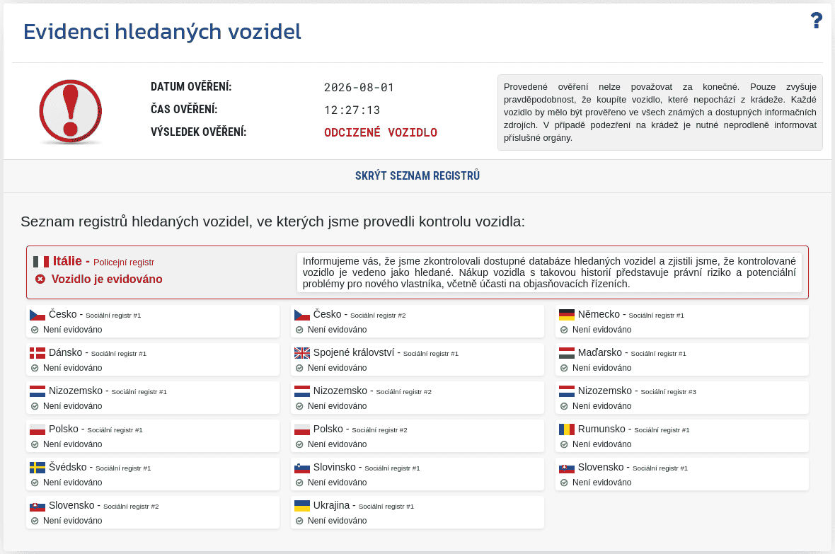 Sekce "Databáze hledaných vozidel" v reportu VIN-Info zobrazuje výsledek prověření VIN v dostupných databázích hledaných vozidel.