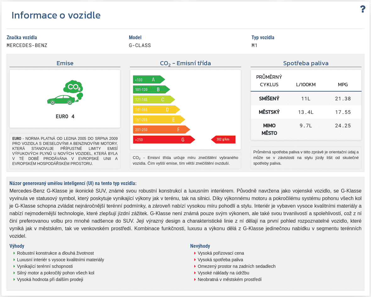 Sekce "Údaje o vozidle" ve zprávě VIN-Info zobrazuje dostupné technické údaje a parametry vozidla spojené s číslem VIN.