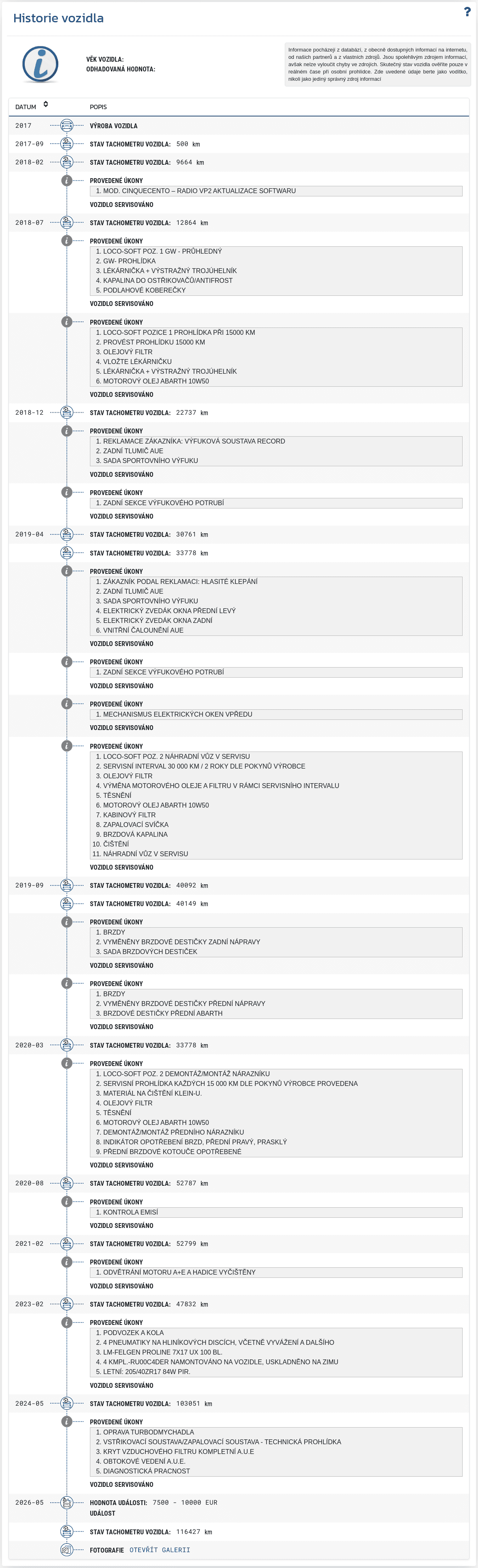 Sekce "Historie vozidla" v reportu VIN-Info zobrazuje chronologický záznam dostupných údajů o minulosti vozidla.