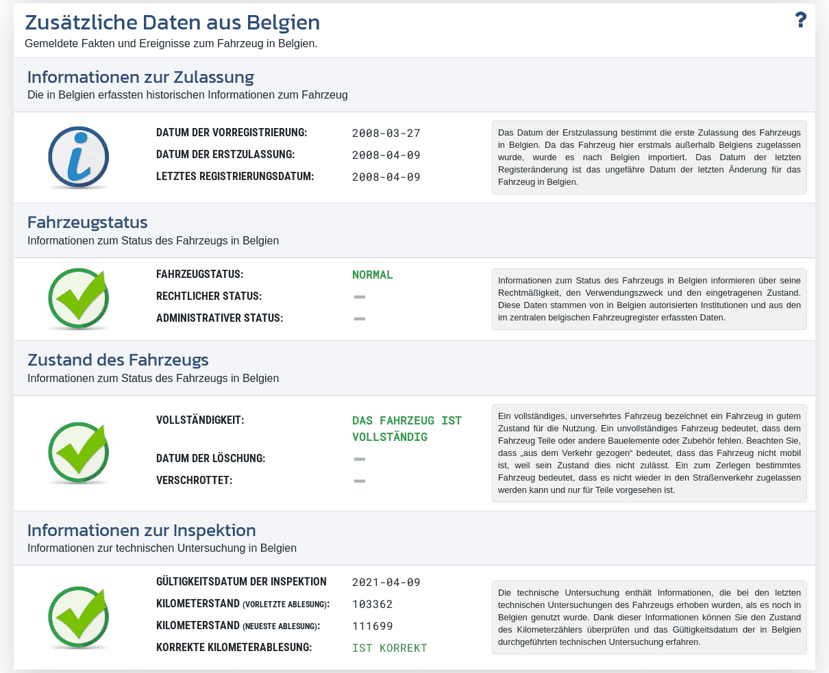 Abschnitt "Zusatzdaten aus Belgien" im VIN-Info-Bericht zeigt verfügbare Zulassungsinformationen, den Fahrzeugstatus und Daten aus der technischen Prüfung in Belgien.