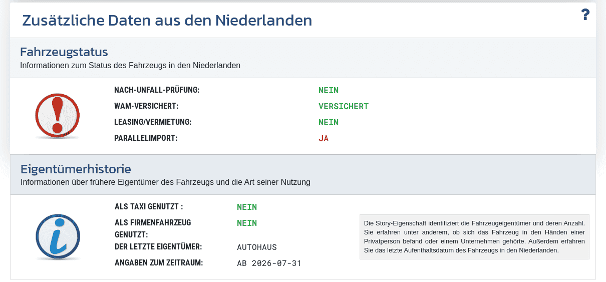 Abschnitt "Zusatzdaten aus den Niederlanden" im VIN-Info-Bericht zeigt verfügbare Informationen zu Status, Besitzverhältnissen und Nutzung des Fahrzeugs in den Niederlanden.