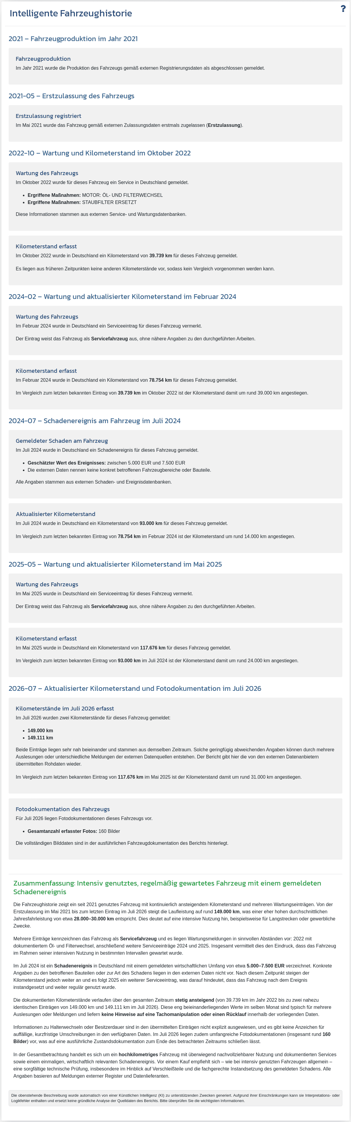 Abschnitt "Intelligente Fahrzeughistorie" im VIN-Info-Bericht zeigt eine von KI generierte Zusammenfassung auf Basis der verfügbaren Fahrzeugdaten.