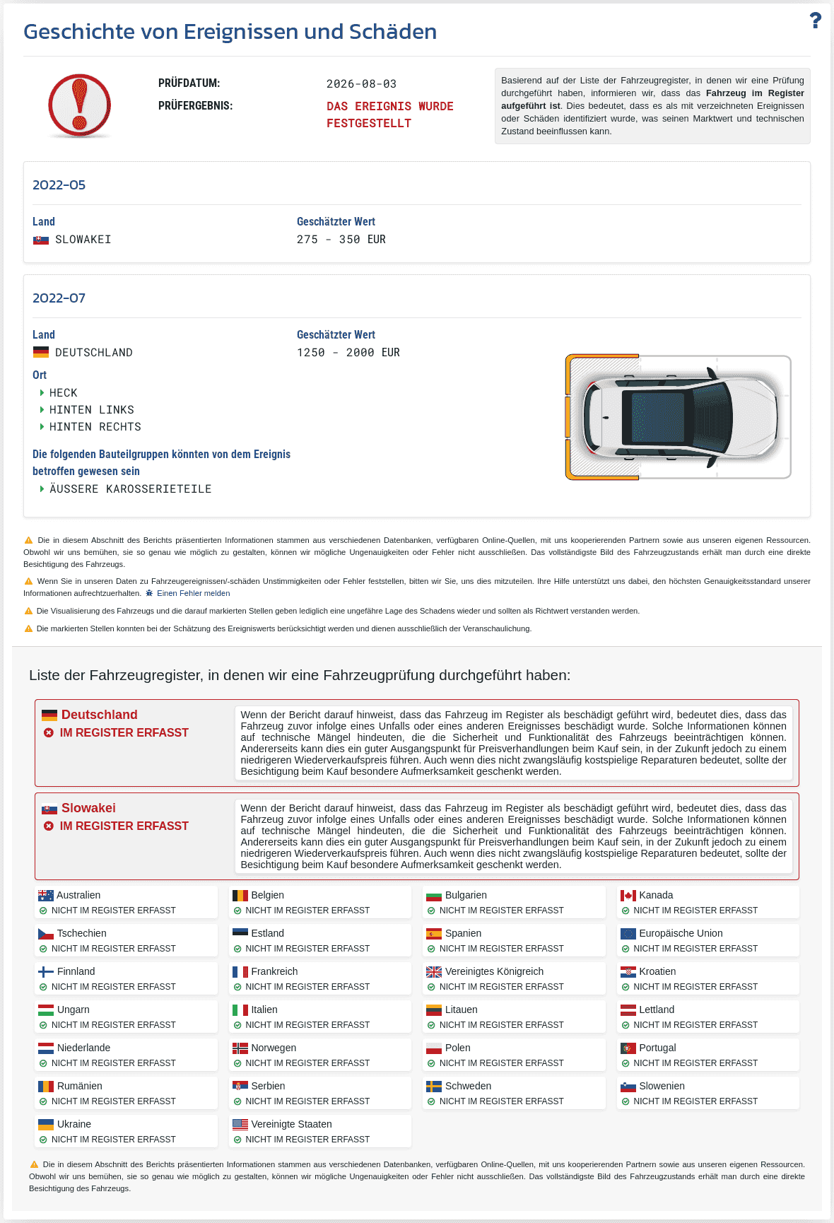 Abschnitt "Ereignishistorie" im VIN-Info-Bericht zeigt verfügbare Informationen zu Schäden, Kollisionen und weiteren Ereignissen, die die Bewertung des Fahrzeugs beeinflussen können.