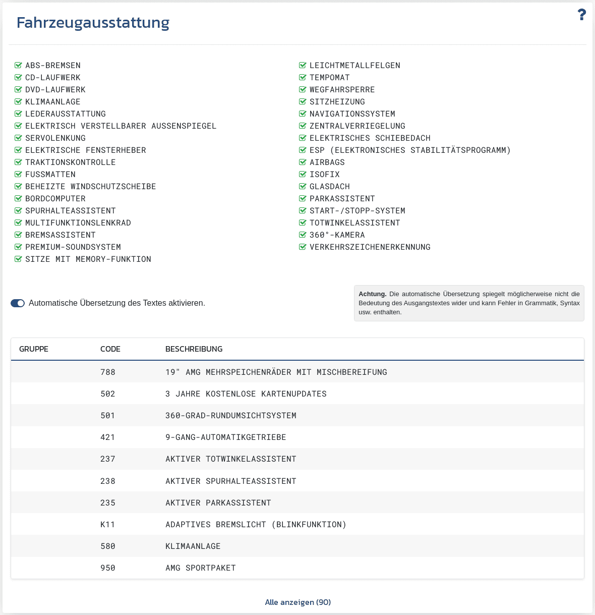Abschnitt "Fahrzeugausstattung" im VIN-Info-Bericht zeigt verfügbare Informationen zur Konfiguration und Ausstattung, die der VIN zugeordnet sind.