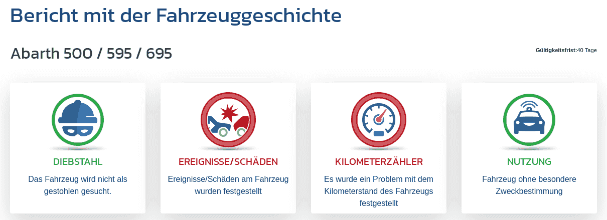 Abschnitt "Bericht zur Fahrzeughistorie" im VIN-Info-Bericht zeigt erste Hinweise zu Laufleistung, Schäden, Diebstahl und Verwendungszweck des Fahrzeugs.