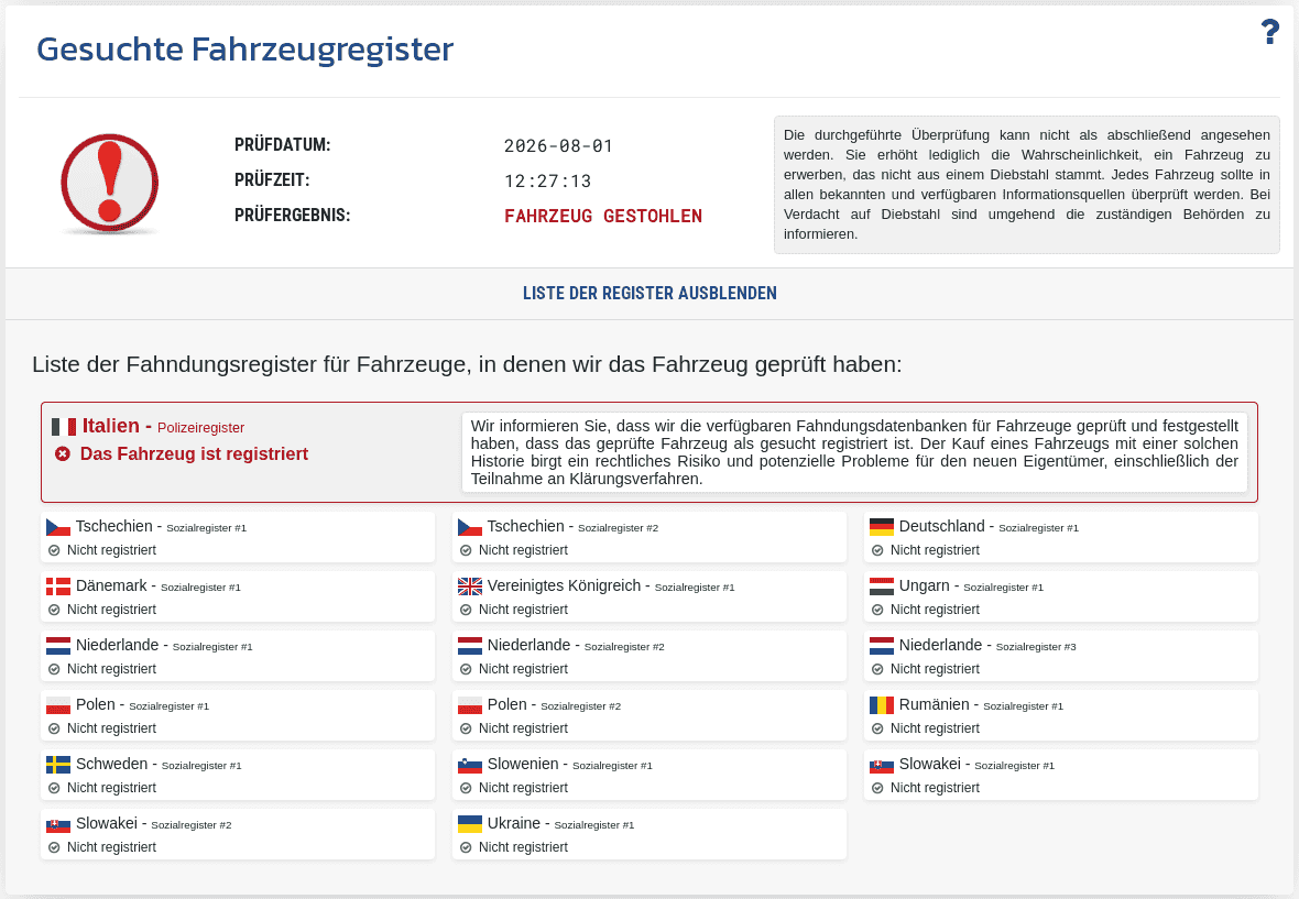 Abschnitt "Datenbank gesuchter Fahrzeuge" im VIN-Info-Bericht zeigt das Ergebnis der VIN-Prüfung in verfügbaren Datenbanken gestohlener Fahrzeuge.