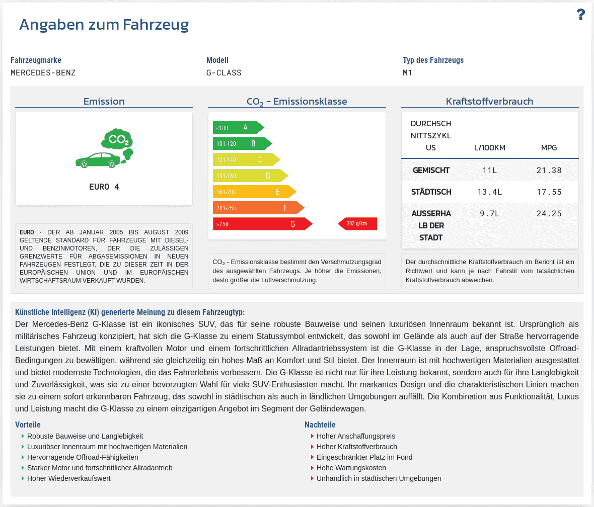 Der Abschnitt "Informationen zum Fahrzeug" im VIN-Info-Bericht zeigt die verfügbaren technischen Daten und Fahrzeugparameter, die mit der VIN-Nummer verknüpft sind.