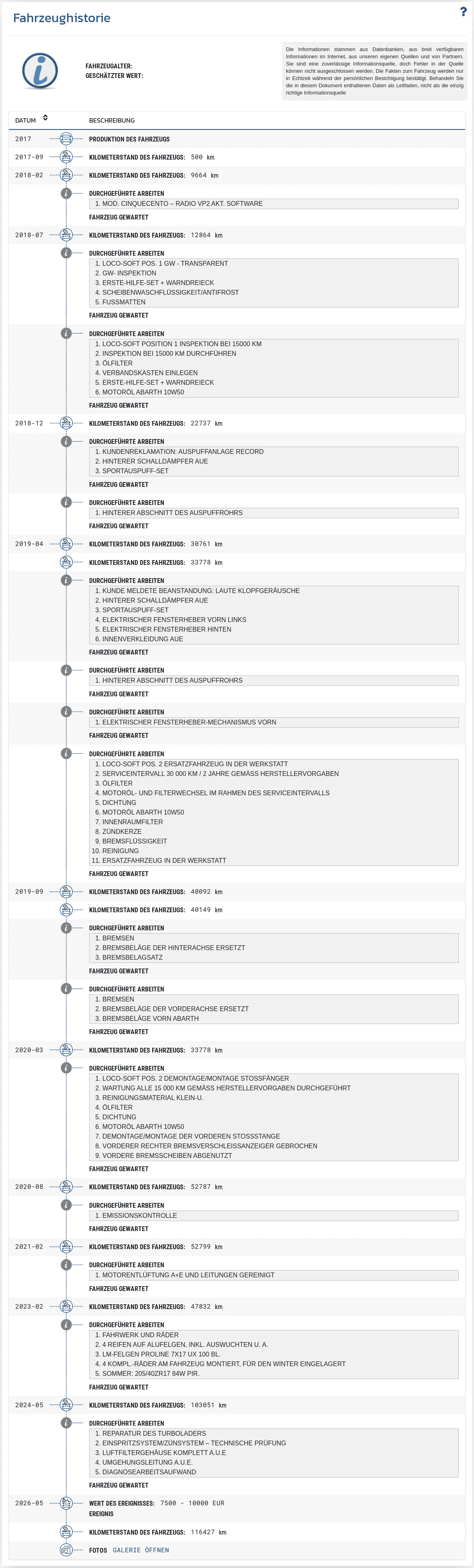 Abschnitt "Fahrzeughistorie" im VIN-Info-Bericht zeigt eine chronologische Aufzeichnung der verfügbaren Einträge zur Vergangenheit des Fahrzeugs.