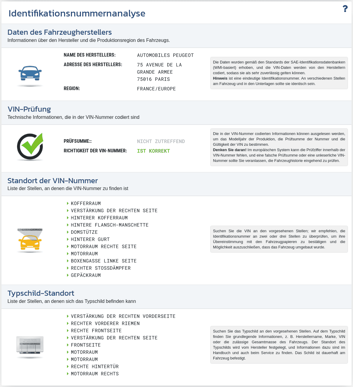 Abschnitt "VIN-Analyse" im VIN-Info-Bericht zeigt die VIN-Entschlüsselung, die Formatprüfung der Nummer sowie verfügbare Informationen zum Hersteller und zur Herkunft des Fahrzeugs.