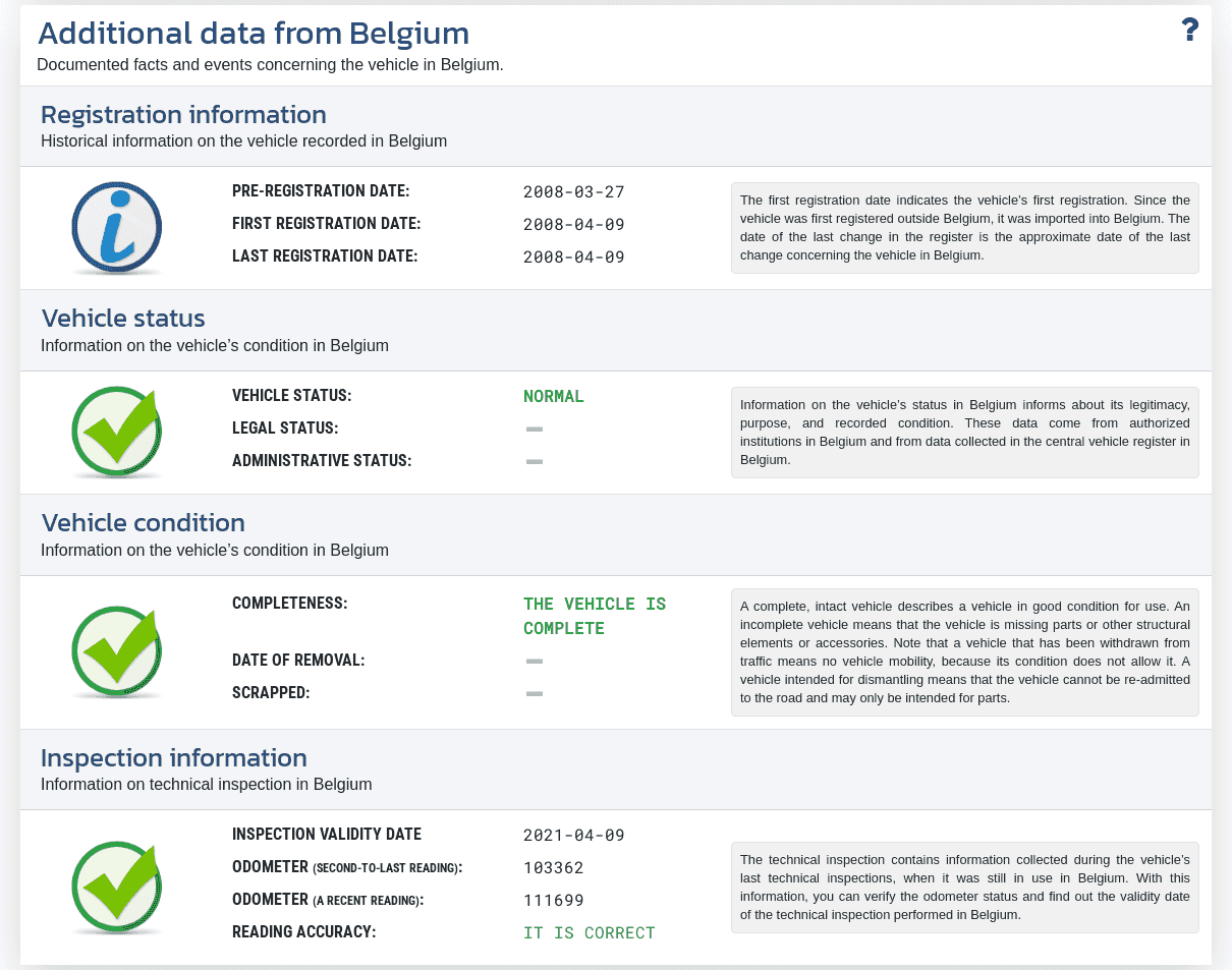 Section "Additional Data from Belgium" in the VIN-Info report shows available registration information, vehicle status, and technical inspection data in Belgium.