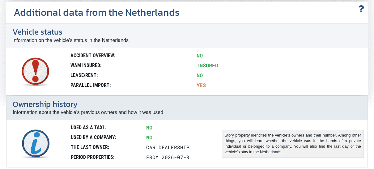 Section "Additional Data from the Netherlands" in the VIN-Info report shows available information on the vehicle’s status, ownership, and usage in the Netherlands.