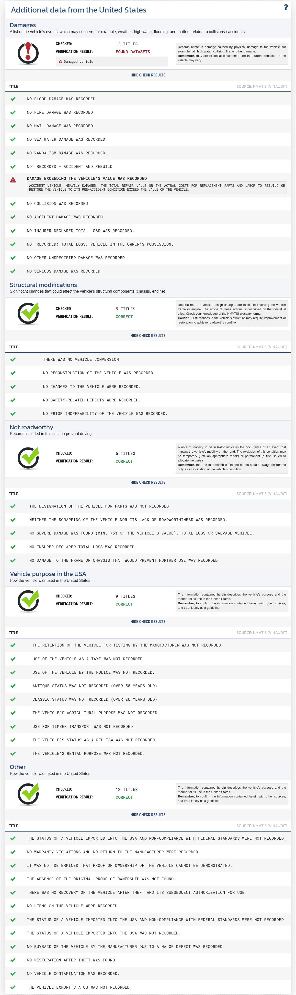 Section "Additional Data from the United States" in the VIN-Info report shows available records from the U.S. market regarding statuses, damage, and the vehicle’s history.