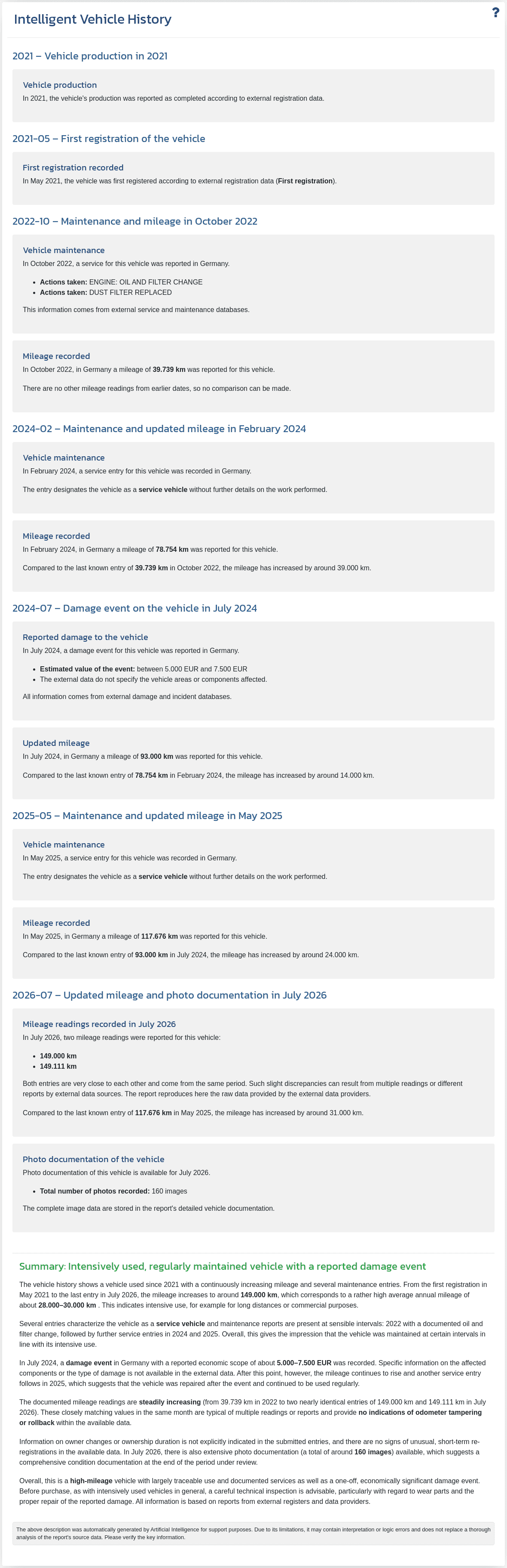 Section "Intelligent Vehicle History" in the VIN-Info report shows a summary generated by AI based on the available data about the vehicle.