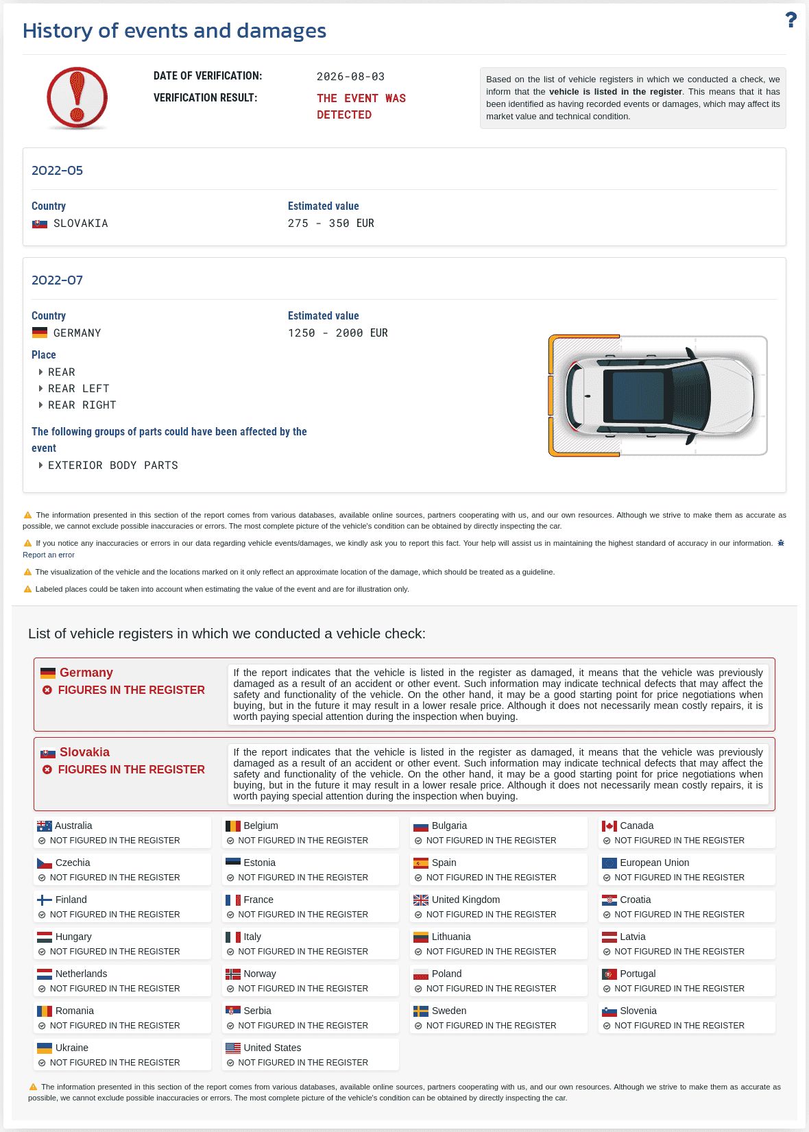 Section "Event History" in the VIN-Info report shows available information on damages, collisions, and other events that may affect the assessment of the vehicle.