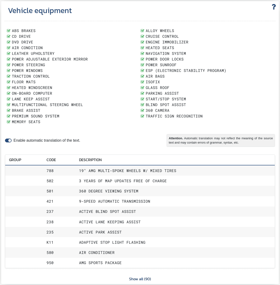 Section "Vehicle Equipment" in the VIN-Info report shows available information about the configuration and equipment associated with the VIN.