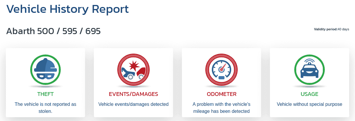 Section "Vehicle History Report" in the VIN-Info report shows the first indicators regarding mileage, damage, theft, and the vehicle’s intended use.
