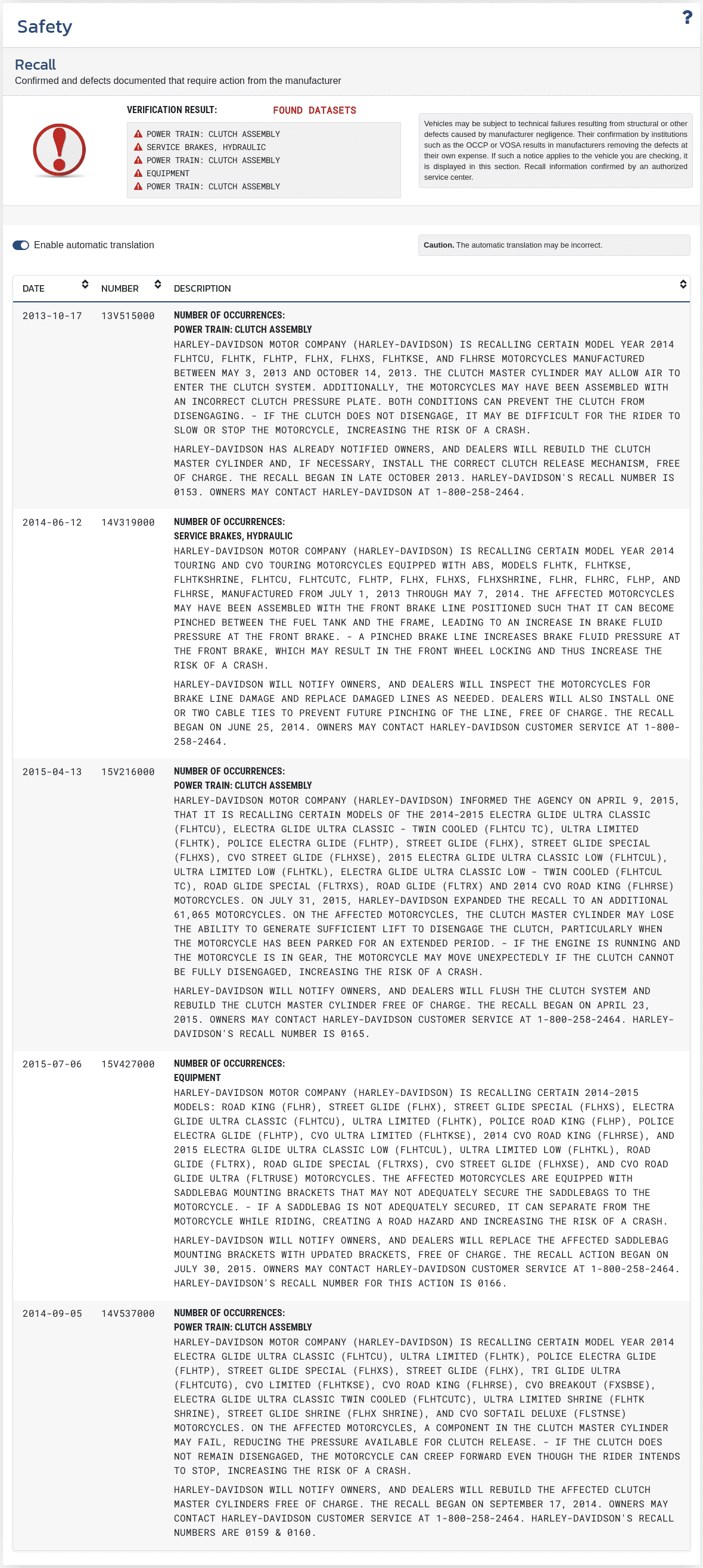 Section "Safety" in the VIN-Info report shows available information regarding safety tests, protection systems, and the vehicle’s technical data.