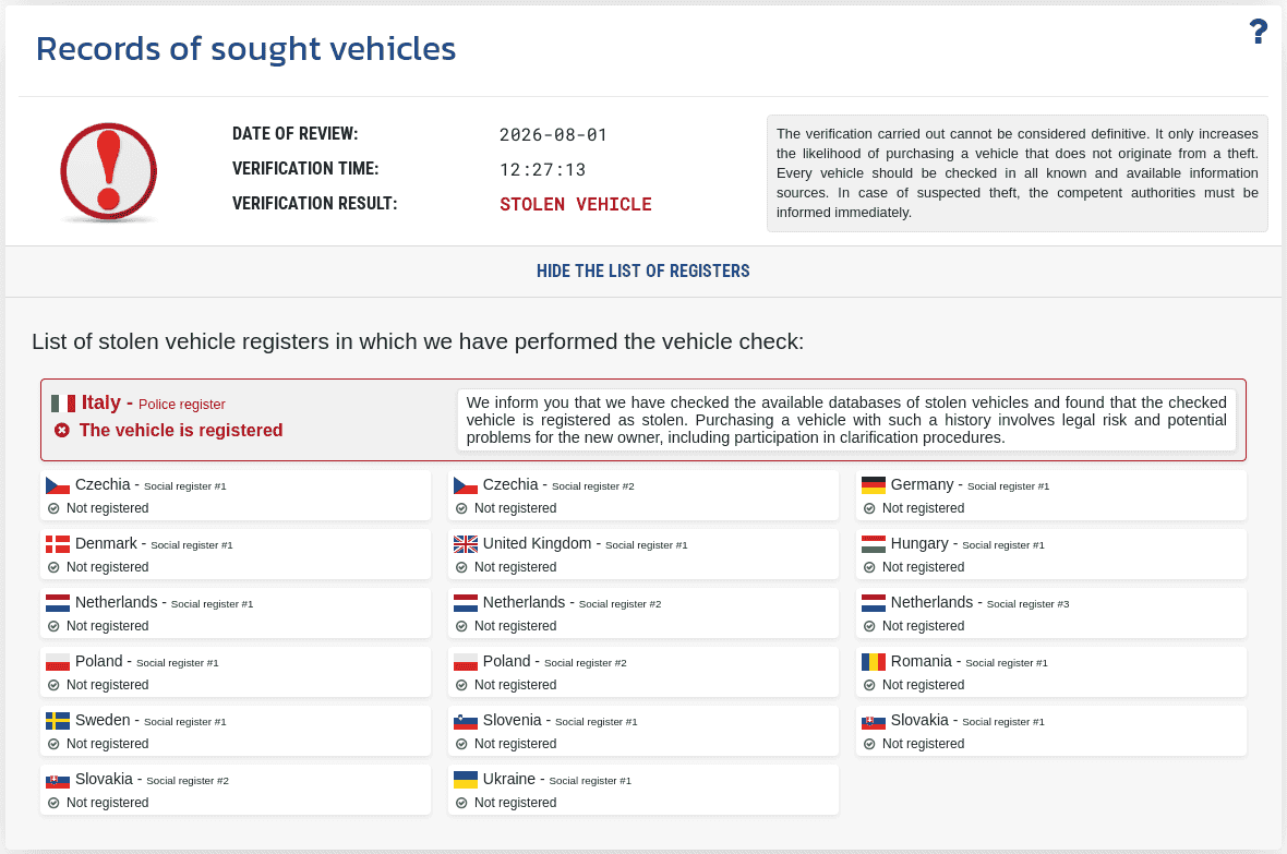 Section "Wanted Vehicles Database" in the VIN-Info report shows the result of checking the VIN against available stolen-vehicle databases.