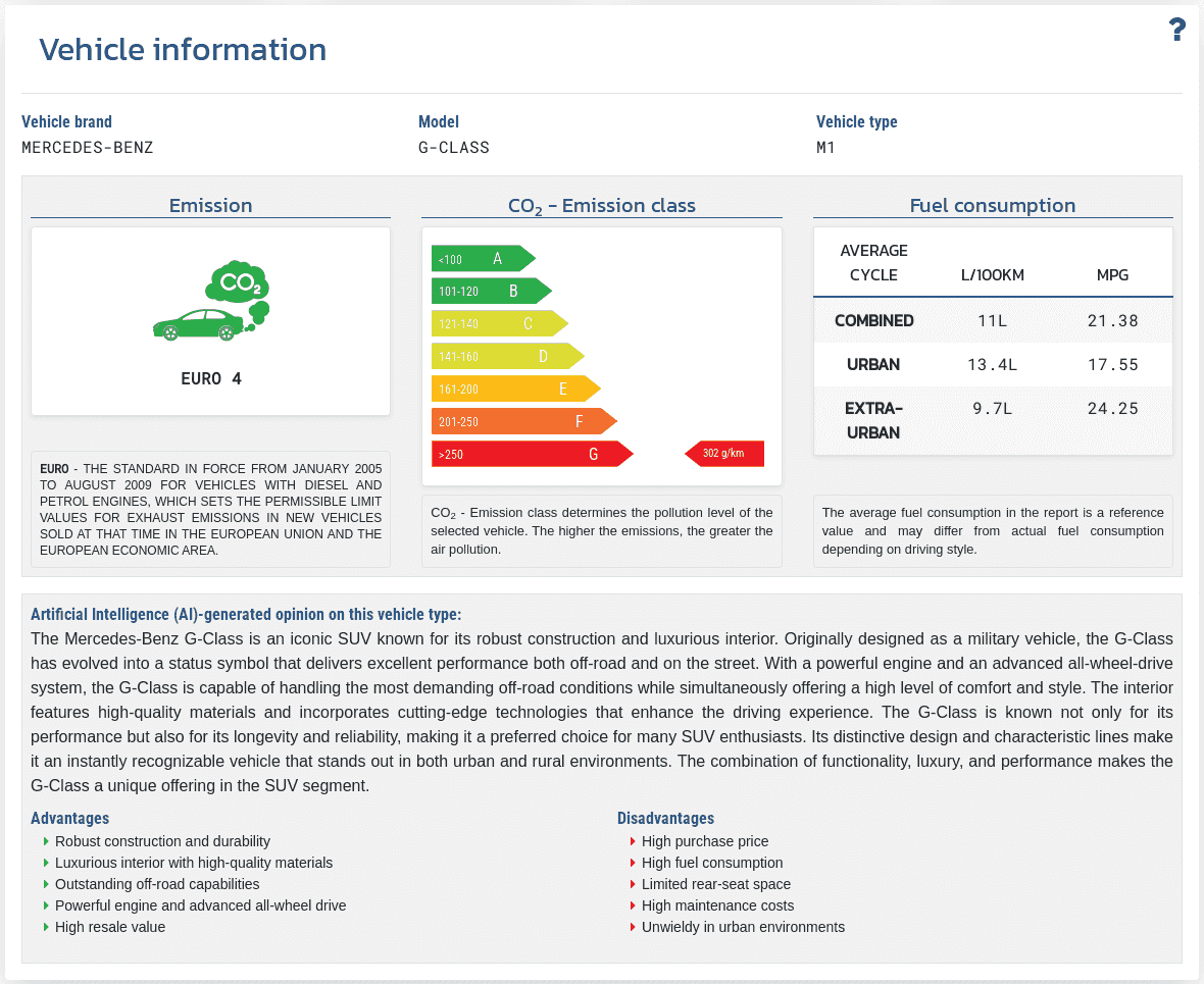 The "Vehicle information" section in the VIN-Info report shows the available technical data and vehicle parameters linked to the VIN number.
