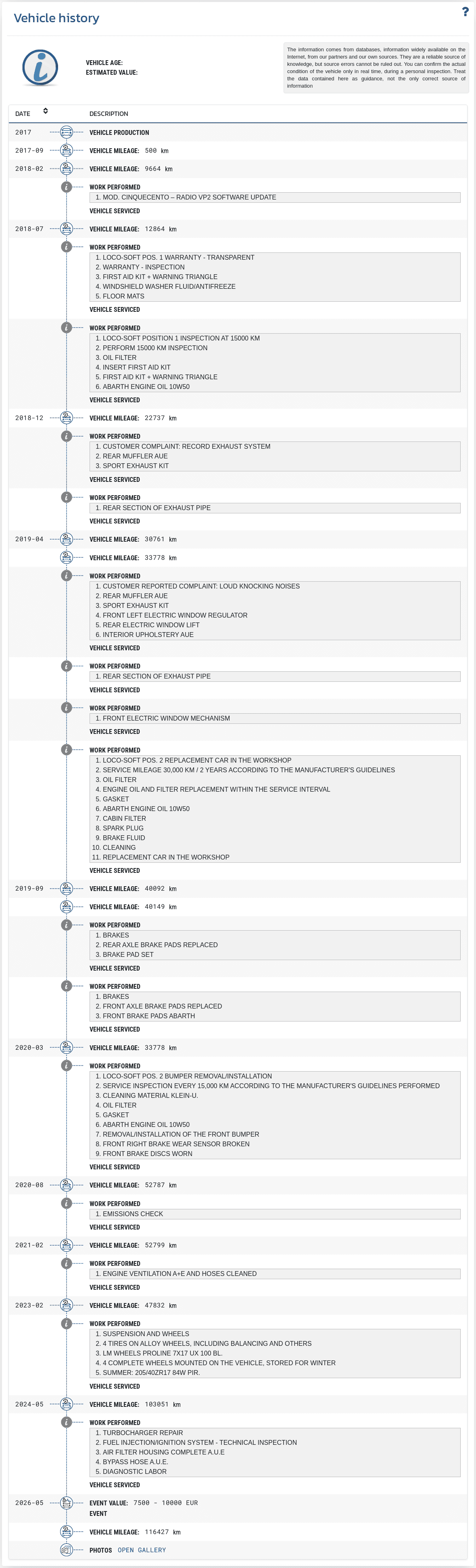 Section "Vehicle History" in the VIN-Info report shows a chronological record of available entries concerning the vehicle’s past.