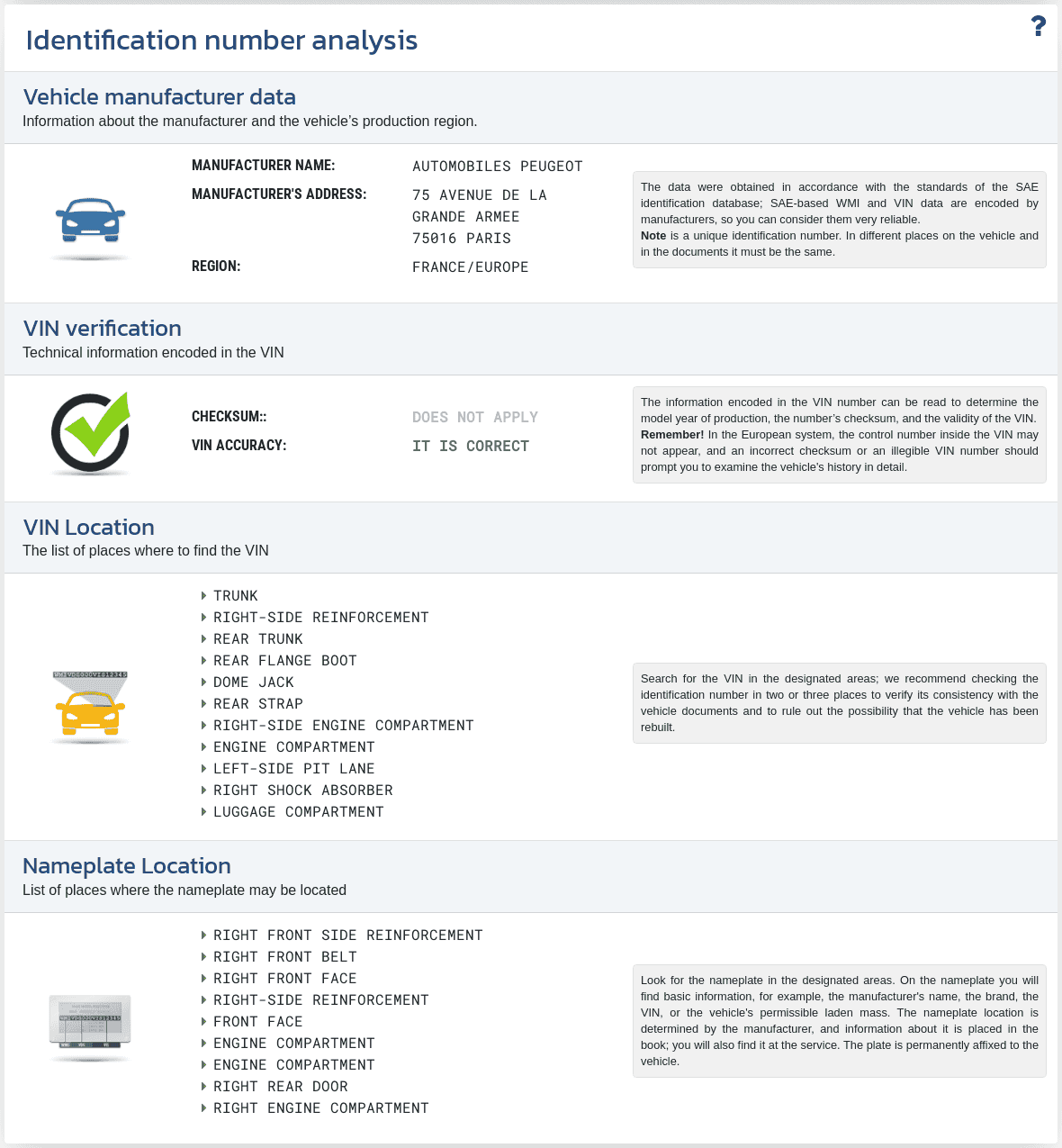 Section "VIN Analysis" in the VIN-Info report shows VIN decoding, number format verification, and available information about the manufacturer and the vehicle’s origin.