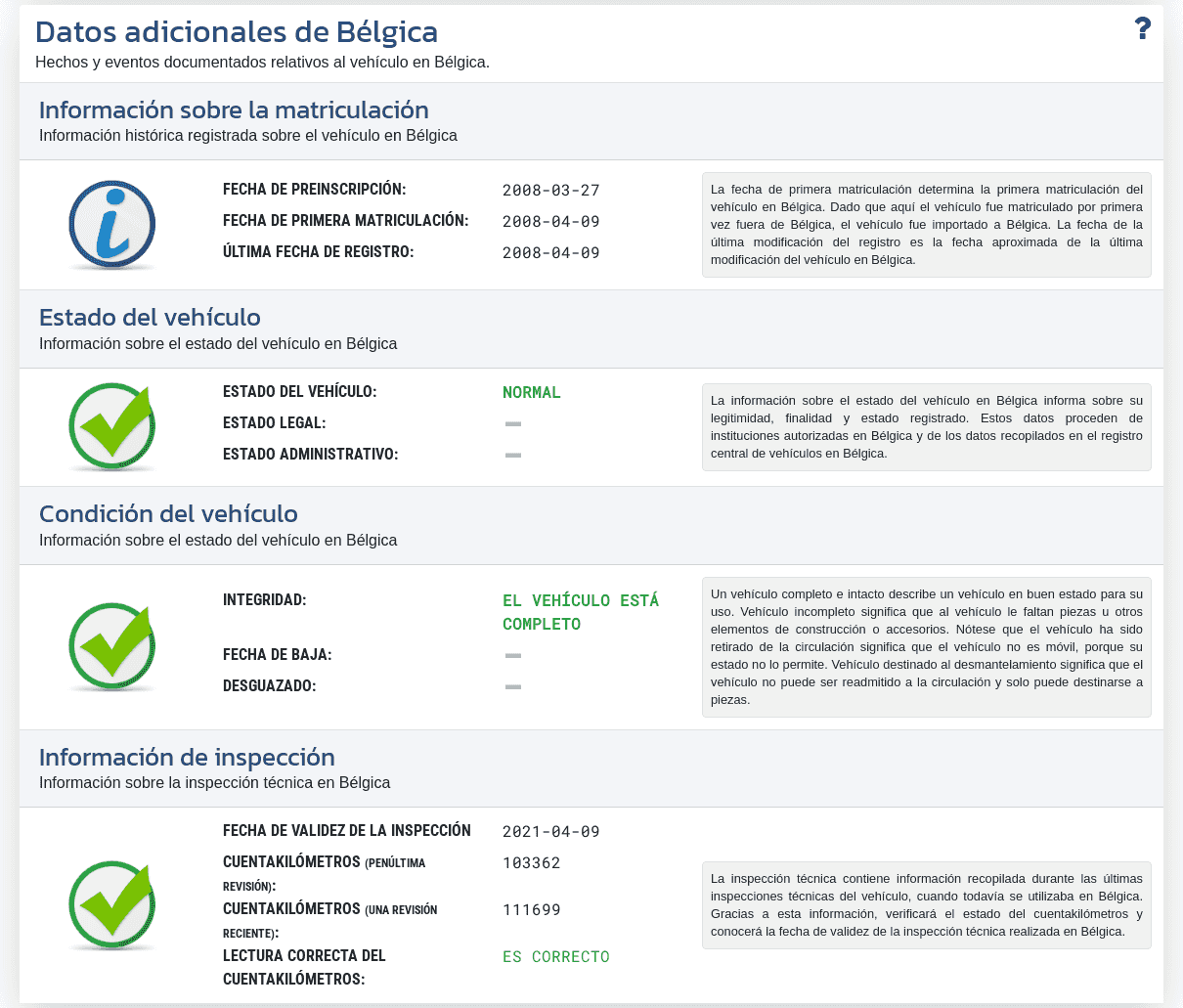 La sección "Datos adicionales de Bélgica" en el informe de VIN-Info muestra la información registral disponible, el estado del vehículo y los datos de la inspección técnica en Bélgica.