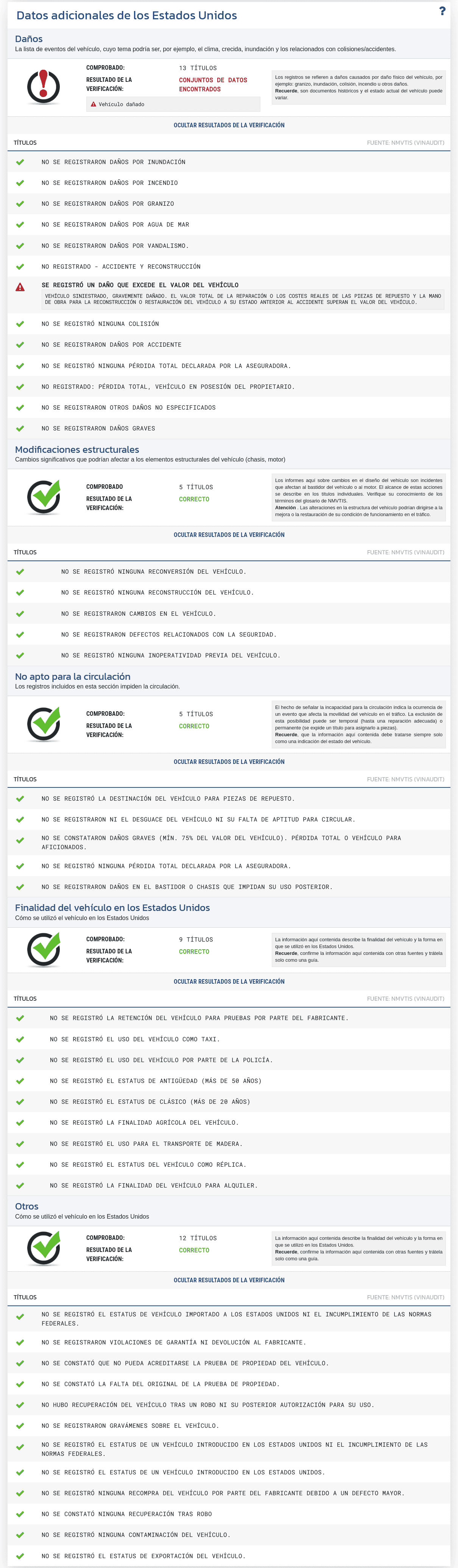 La sección "Datos adicionales de Estados Unidos" en el informe de VIN-Info muestra los registros disponibles del mercado estadounidense sobre estados, daños e historial del vehículo.