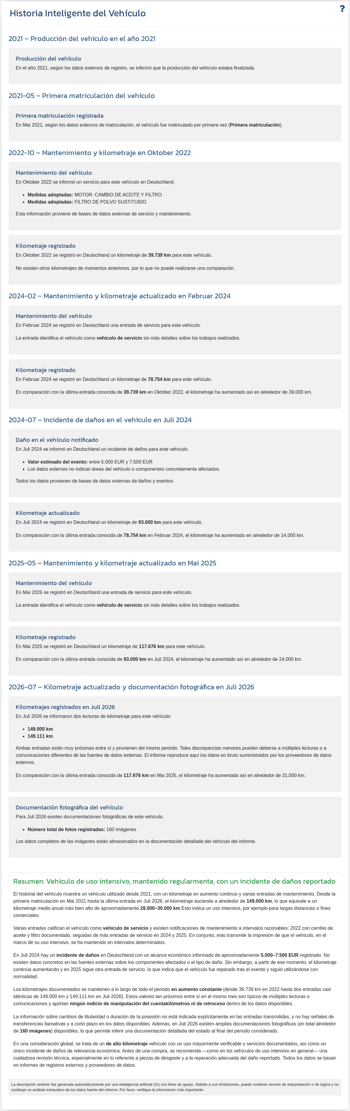 La sección "Historial inteligente del vehículo" en el informe de VIN-Info muestra un resumen generado por IA a partir de los datos disponibles del vehículo.