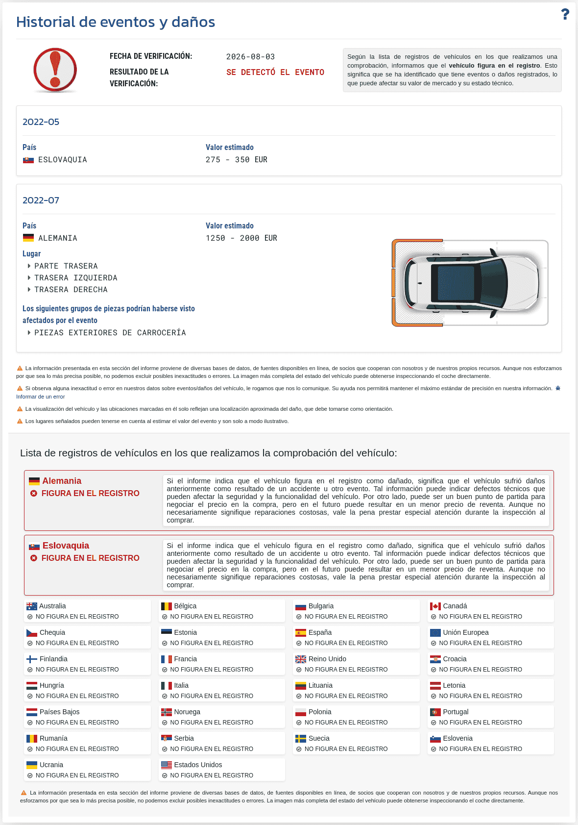La sección "Historial de eventos" en el informe de VIN-Info muestra la información disponible sobre daños, colisiones y otros eventos que pueden influir en la valoración del vehículo.