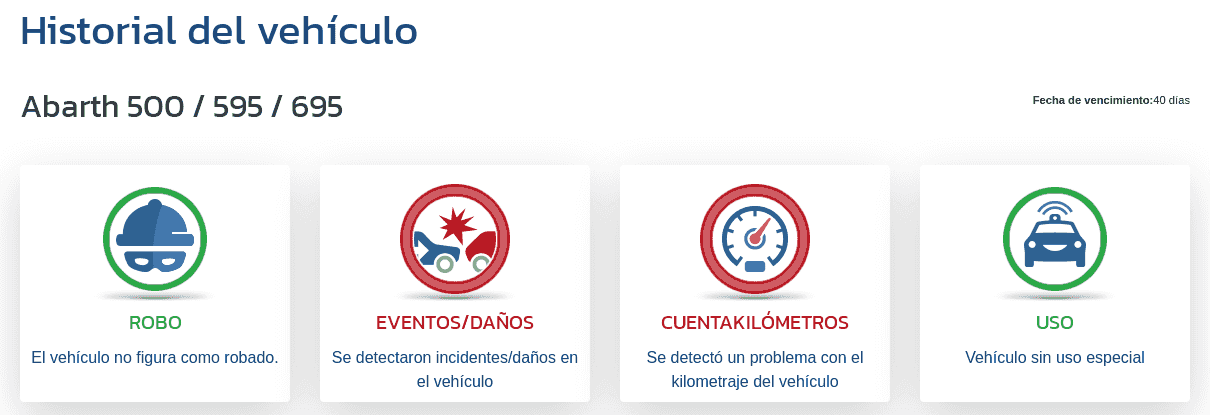 La sección "Informe del historial del vehículo" en el informe de VIN-Info muestra los primeros indicadores sobre el kilometraje, los daños, el robo y el uso previsto del vehículo.