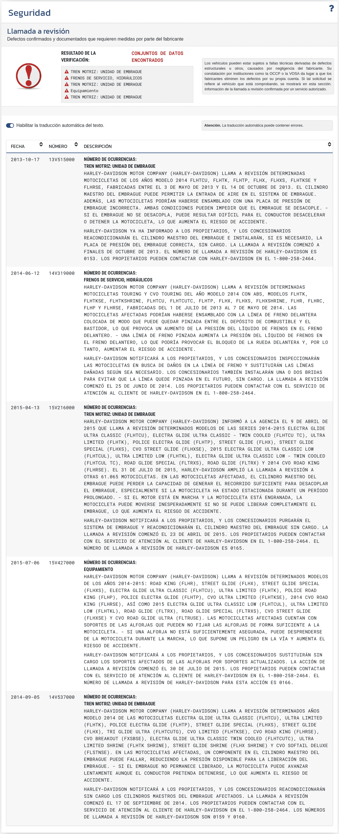 La sección "Seguridad" en el informe de VIN-Info muestra información disponible sobre pruebas de seguridad, sistemas de protección y datos técnicos del vehículo.