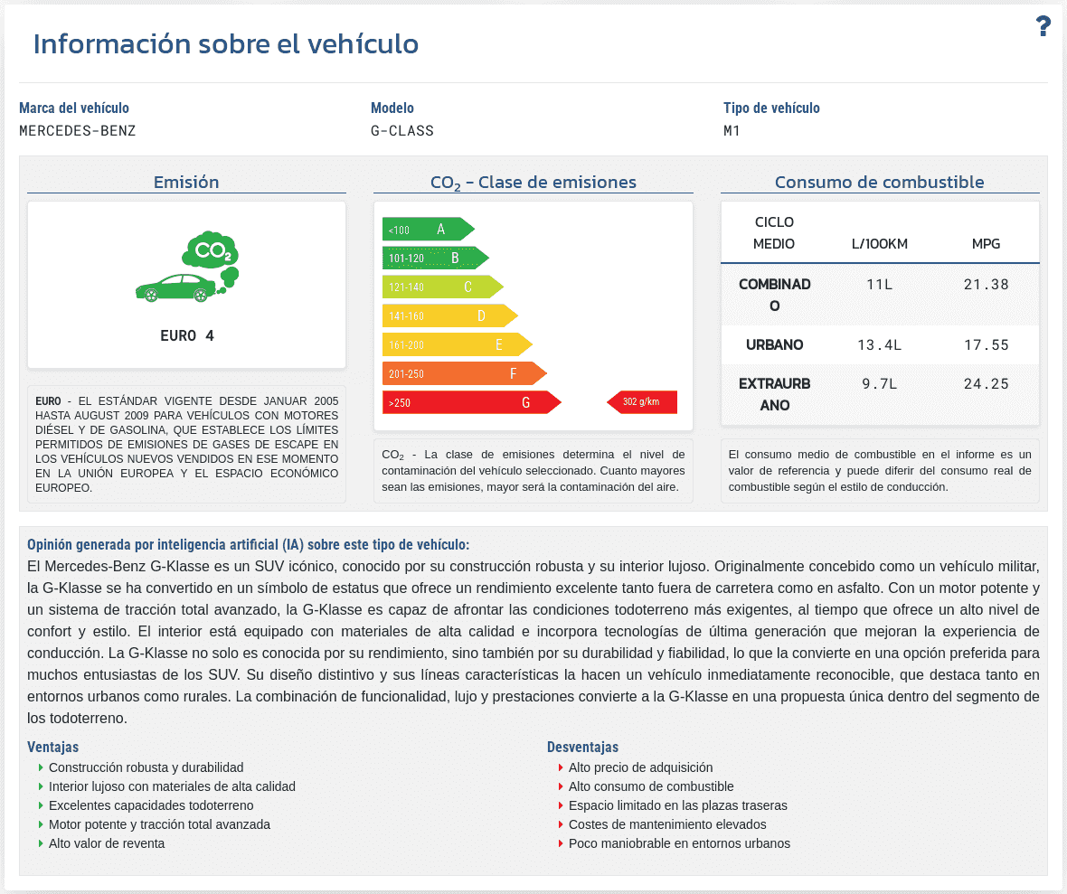 La sección "Información del vehículo" en el informe VIN-Info muestra los datos técnicos y parámetros disponibles del vehículo vinculados al número VIN.