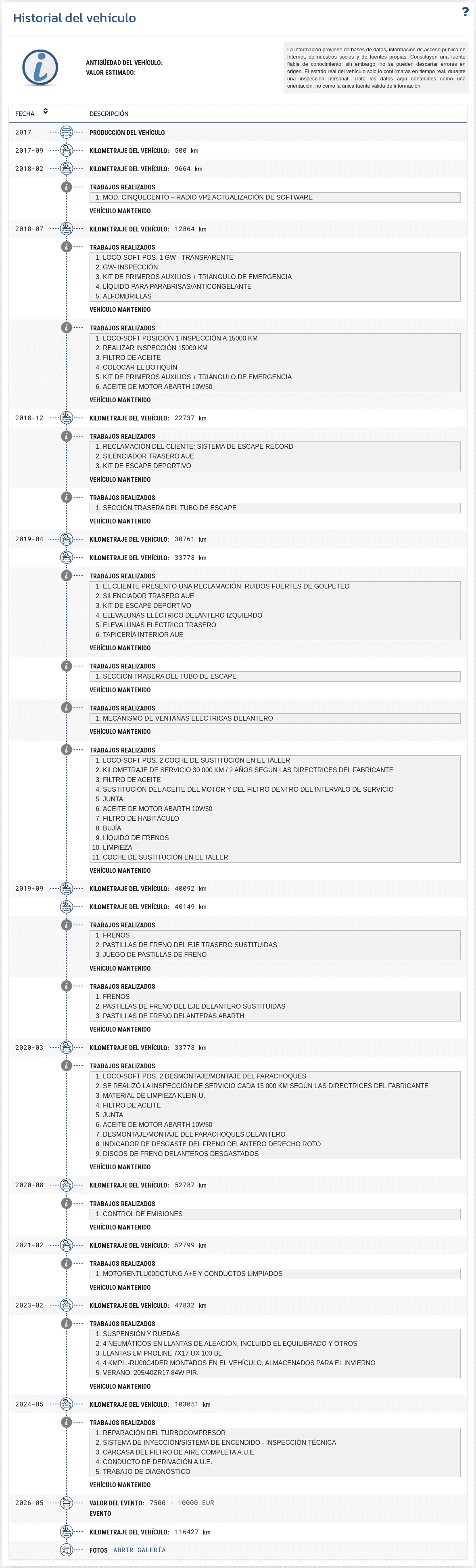 La sección "Historial del vehículo" en el informe de VIN-Info muestra un registro cronológico de los datos disponibles sobre el pasado del vehículo.