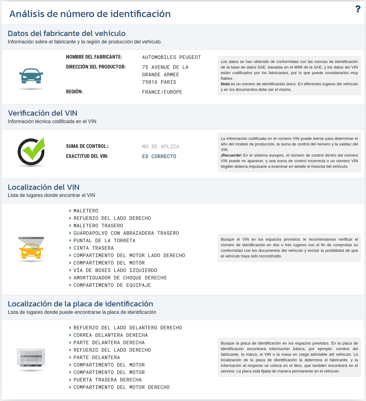 La sección "Análisis del VIN" en el informe de VIN-Info muestra la decodificación del VIN, la verificación del formato del número y la información disponible sobre el fabricante y el origen del vehículo.