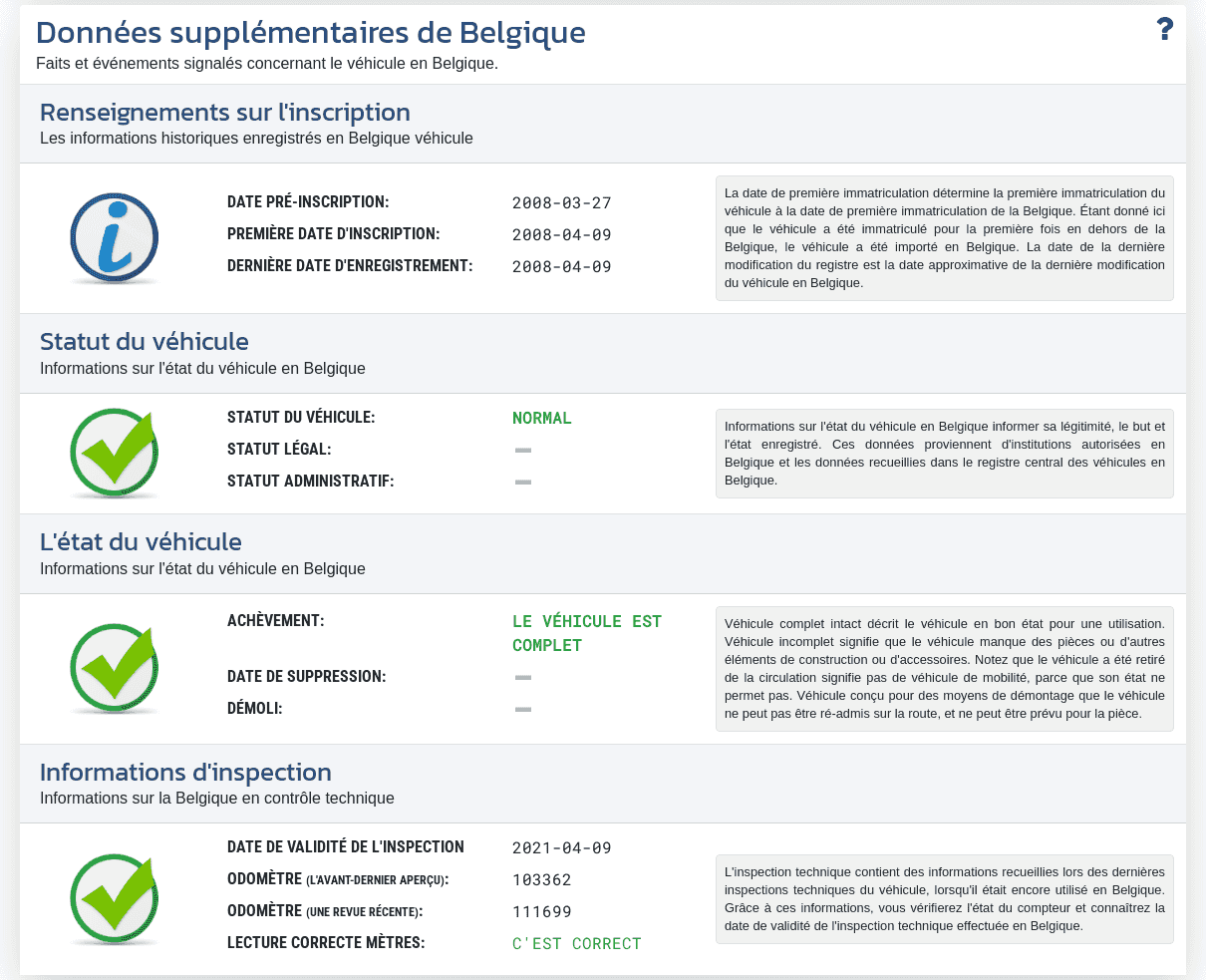 La section "Données supplémentaires de Belgique" du rapport VIN-Info présente les informations d’immatriculation disponibles, le statut du véhicule et les données du contrôle technique en Belgique.