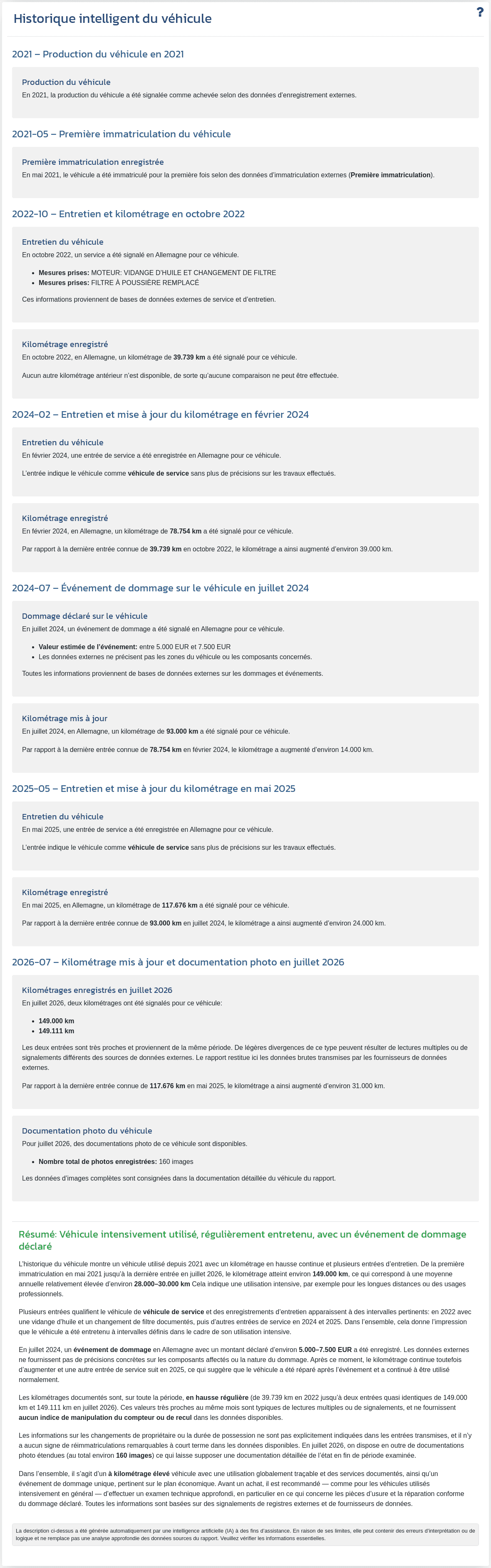 La section "Historique intelligent du véhicule" du rapport VIN-Info présente un résumé généré par l’IA à partir des données disponibles sur le véhicule.