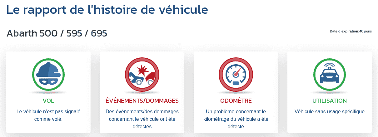 La section "Rapport d’historique du véhicule" du rapport VIN-Info présente les premiers indicateurs concernant le kilométrage, les dommages, le vol et l’usage prévu du véhicule.