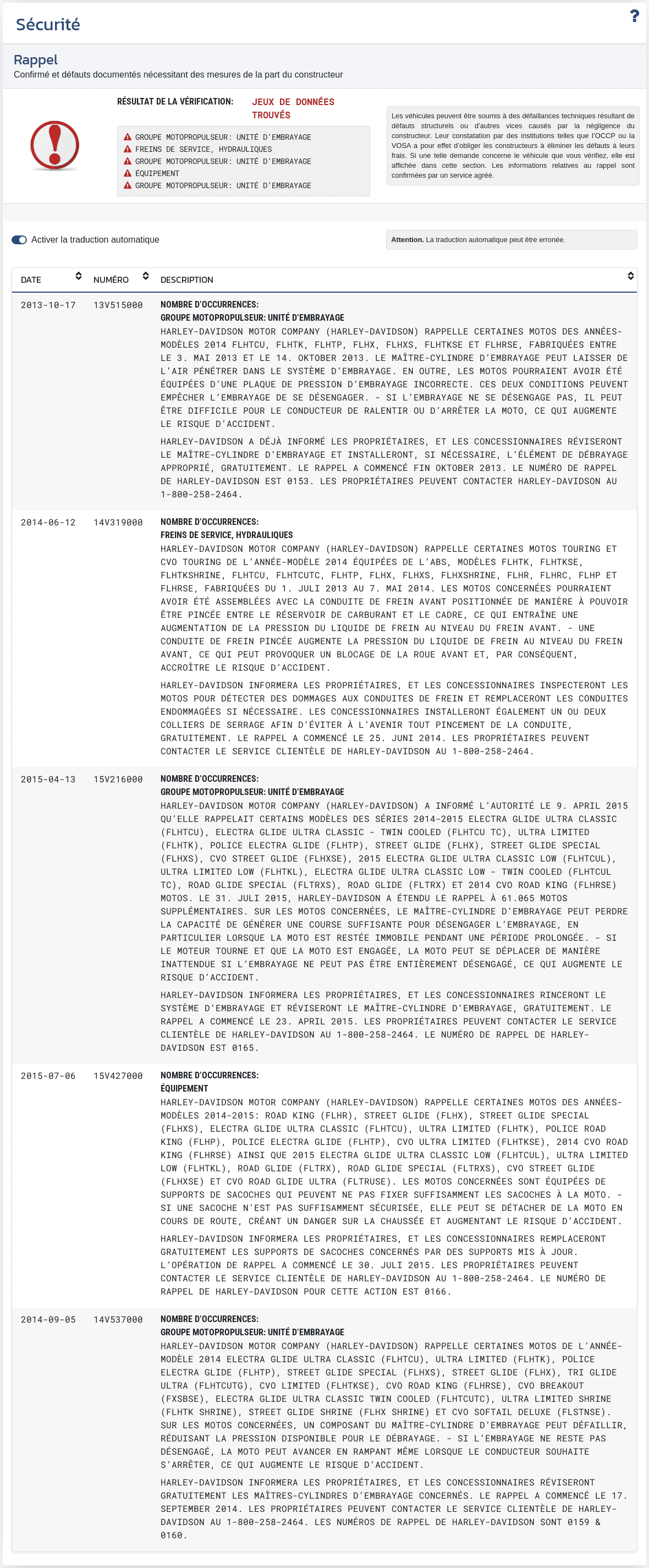 La section "Sécurité" du rapport VIN-Info présente les informations disponibles relatives aux tests de sécurité, aux systèmes de protection et aux données techniques du véhicule.