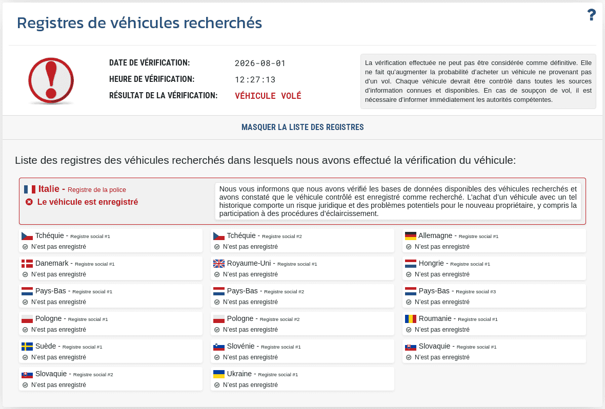 La section "Base de véhicules recherchés" du rapport VIN-Info présente le résultat de la vérification du VIN dans les bases de données disponibles de véhicules volés.