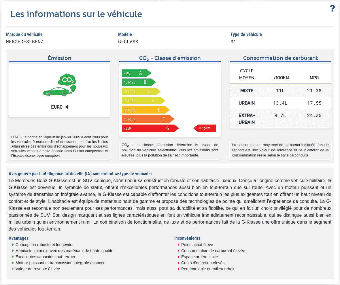 La section "Informations sur le véhicule" du rapport VIN-Info affiche les données techniques disponibles et les paramètres du véhicule associés au numéro VIN.