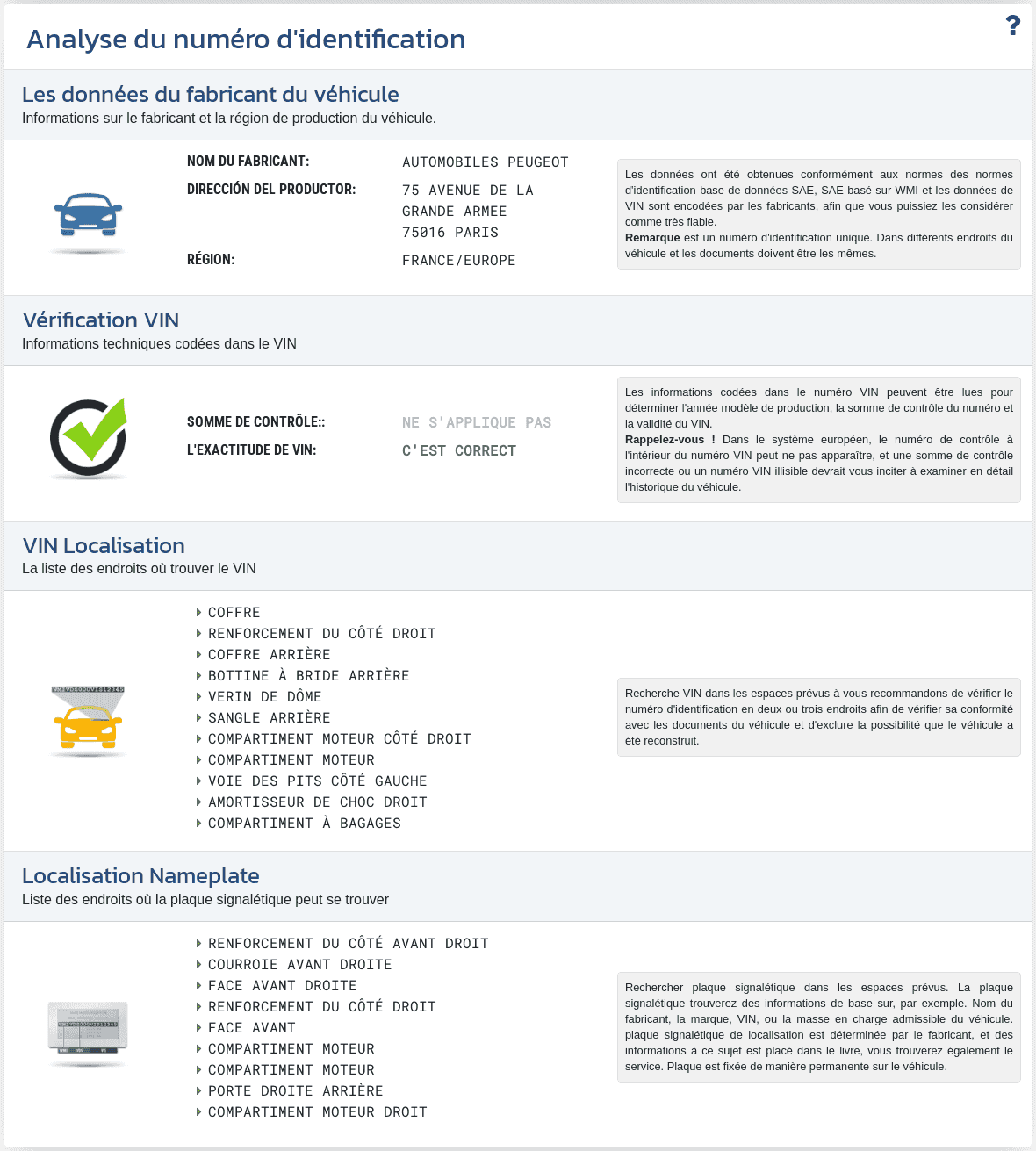 La section "Analyse du VIN" du rapport VIN-Info présente le décodage du VIN, la vérification du format du numéro ainsi que les informations disponibles sur le constructeur et l’origine du véhicule.