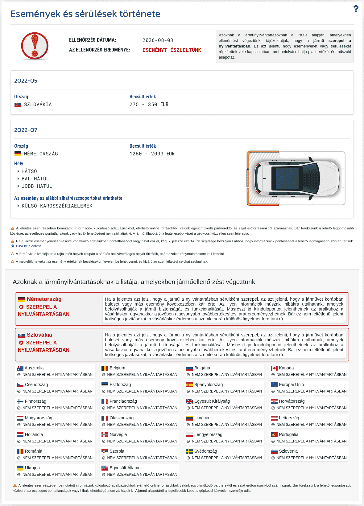 A VIN-Info jelentés "Eseménytörténet" szakasza elérhető információkat mutat a károkról, ütközésekről és egyéb eseményekről, amelyek befolyásolhatják a jármű értékelését.