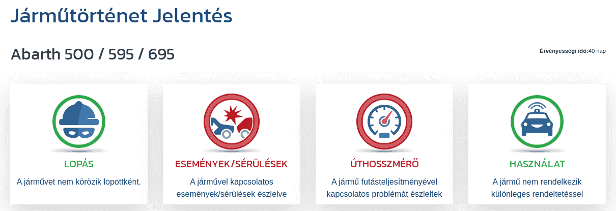 A VIN-Info jelentés "Járműtörténeti jelentés" szakasza az első jelzéseket mutatja a futásteljesítménnyel, a sérülésekkel, a lopással és a jármű rendeltetésével kapcsolatban.