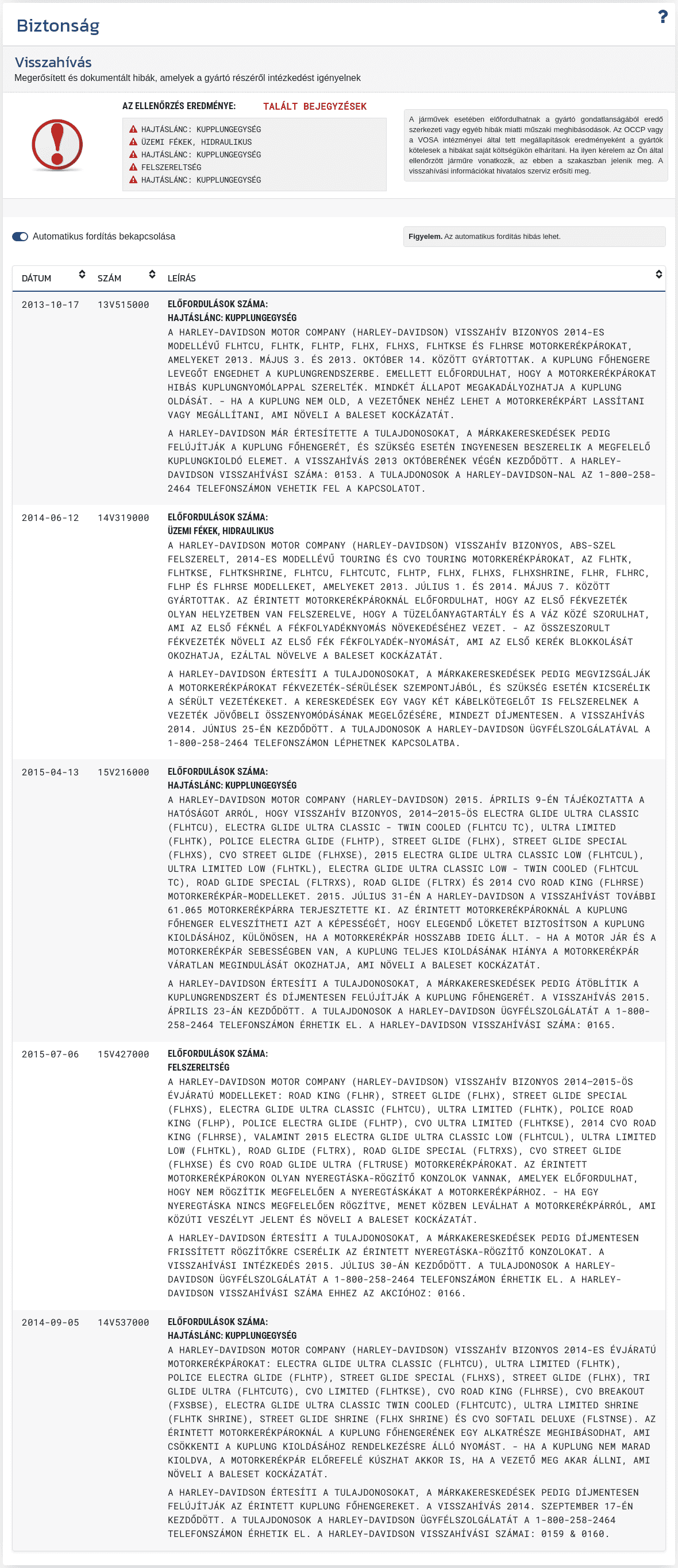 A VIN-Info jelentés "Biztonság" szakasza elérhető információkat mutat a biztonsági tesztekről, védelmi rendszerekről és a jármű műszaki adatairól.