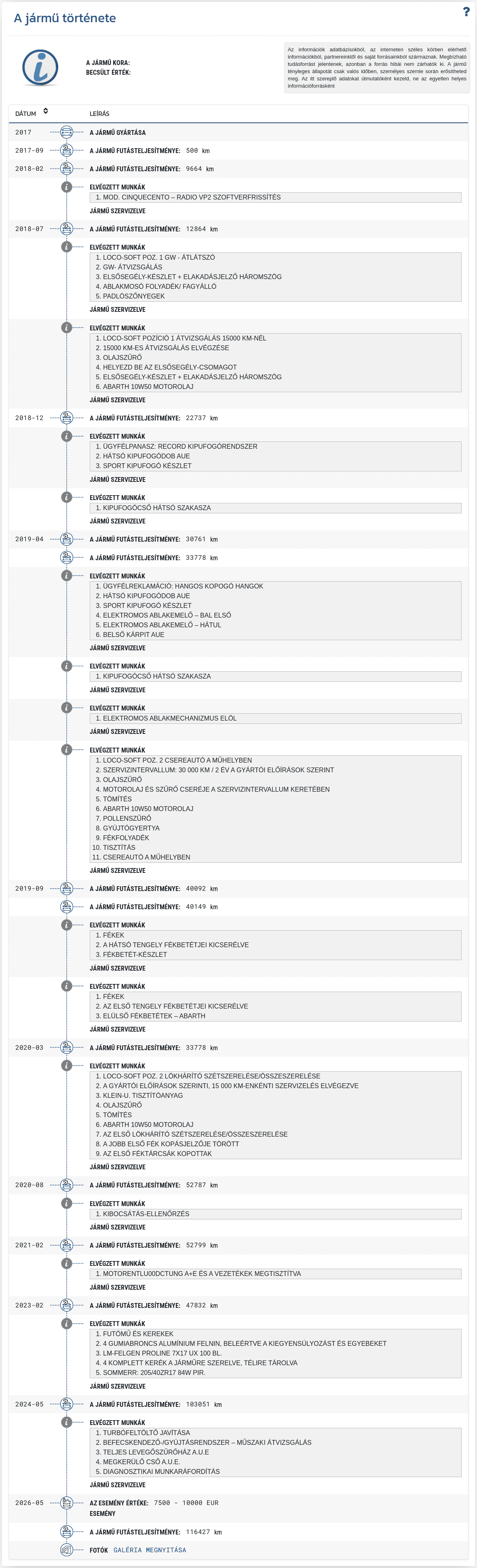 A VIN-Info jelentés "Járműtörténet" szakasza a jármű múltjára vonatkozó elérhető bejegyzések időrendi sorát mutatja.